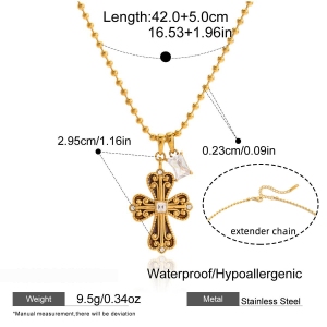 Collier Pendentif Femme Rétro En Forme De Croix, En Acier Inoxydable Étanche, Couleur Or Et Zircon. h5 Image2