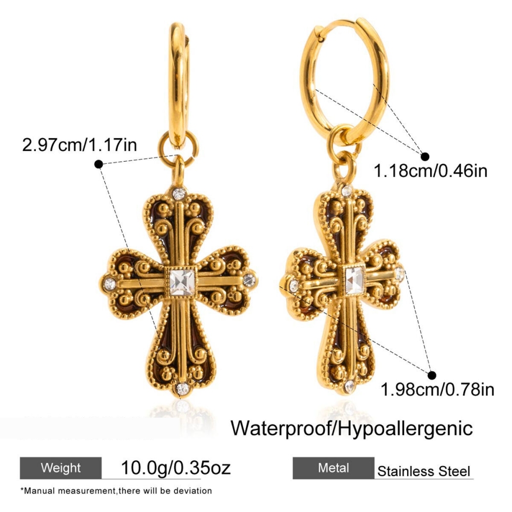 1 Paire De Boucles D'Oreilles Pendantes Luxueuses En Acier Inoxydable Doré, Imperméables, Avec Croix. Image2