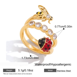 Bague En Acier Inoxydable Doré, Imperméable, Ornée D'Un Zircon Et Ornée D'Un Motif D'Insecte Délicat (1 Pièce). h5 Image2
