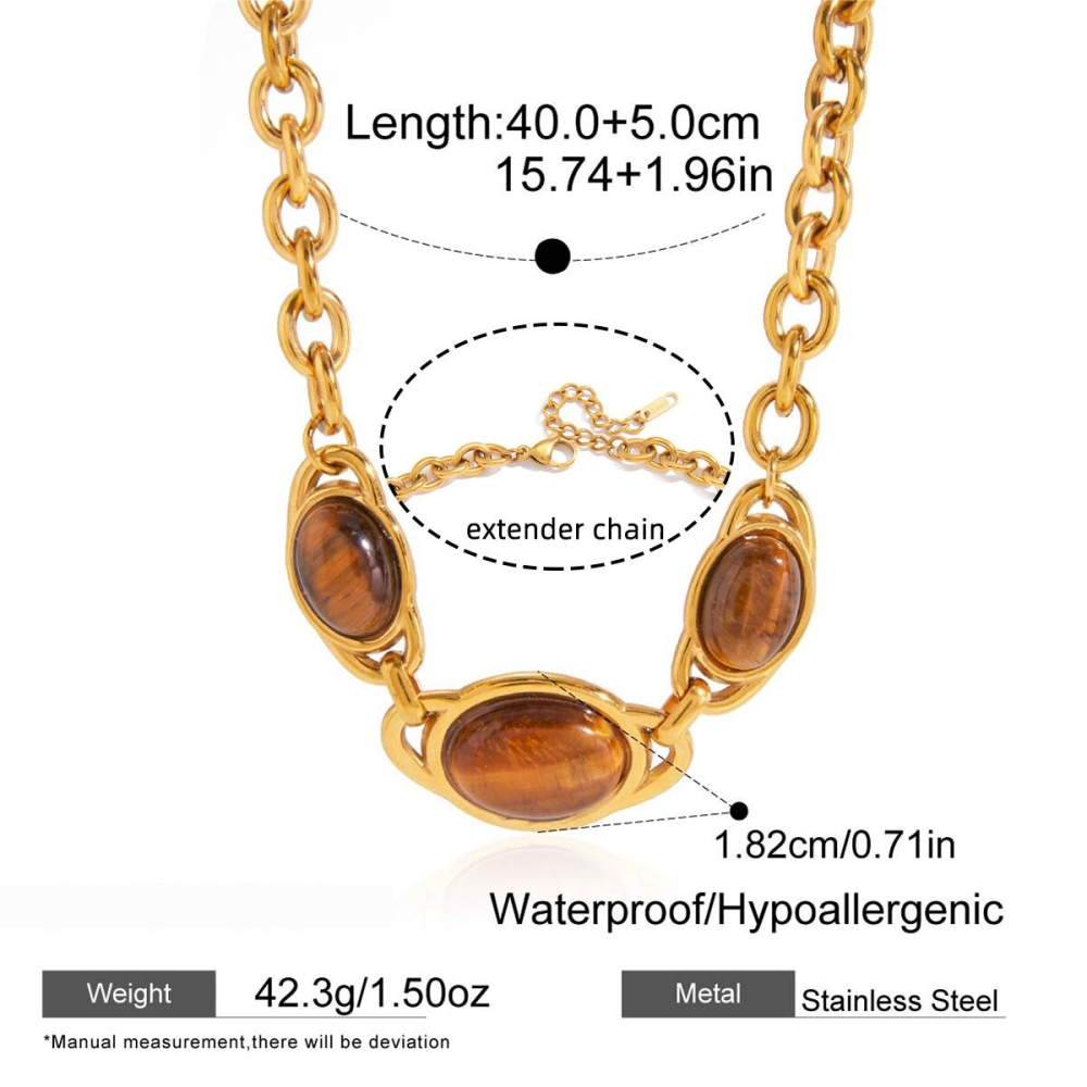 Collier Pendentif Ovale Vintage En Pierre Naturelle, Acier Inoxydable Étanche, Couleur Or, Pour Femme (1 Pièce) Image2