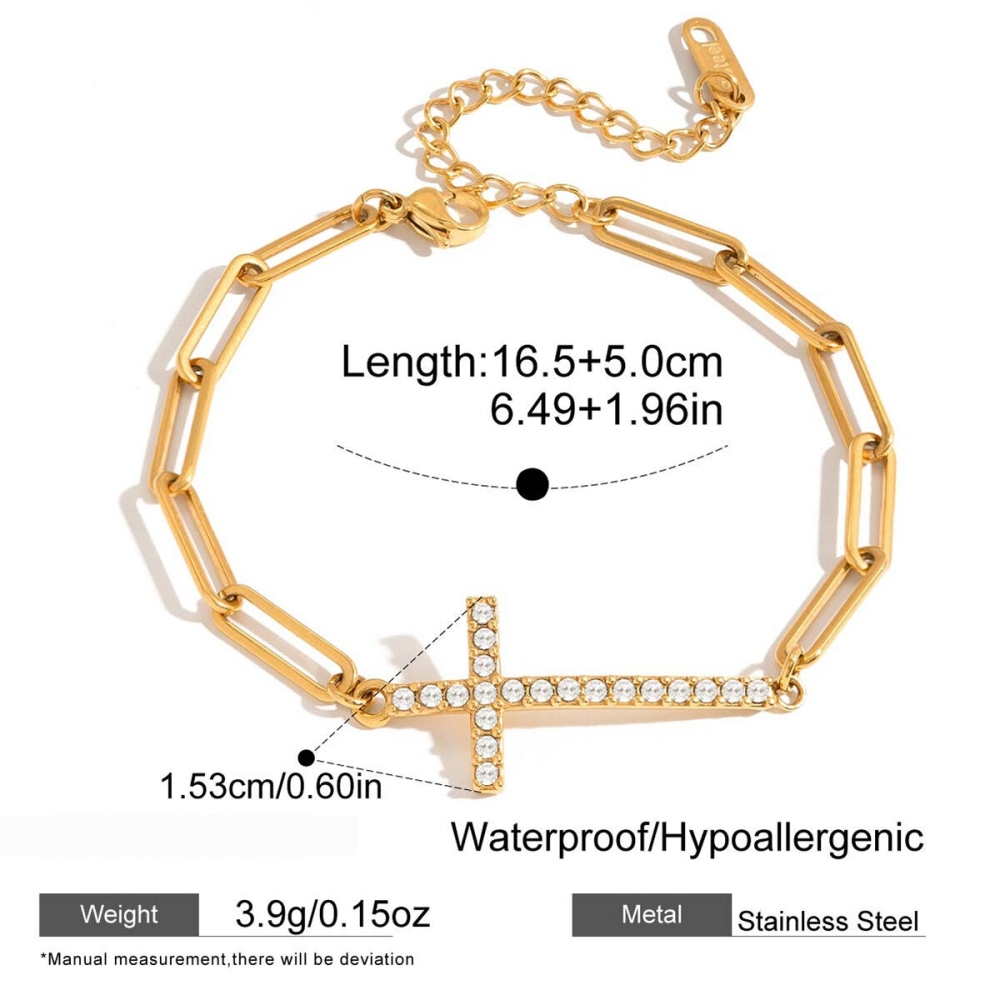 Bracelet À Maillons Pour Femme, En Acier Inoxydable Doré, Avec Croix Délicate (1 Pièce). Image2