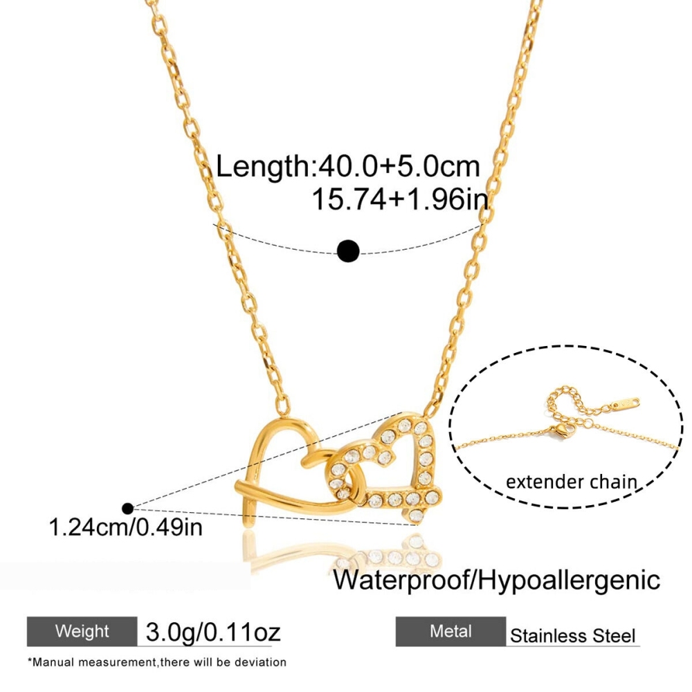 Collier Pendentif Romantique Double Cœur En Acier Inoxydable Étanche Couleur Or Avec Zircon Pour Femme (1 Pièce) Image2
