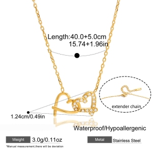Collier Pendentif Romantique Double Cœur En Acier Inoxydable Étanche Couleur Or Avec Zircon Pour Femme (1 Pièce) h5 Image2