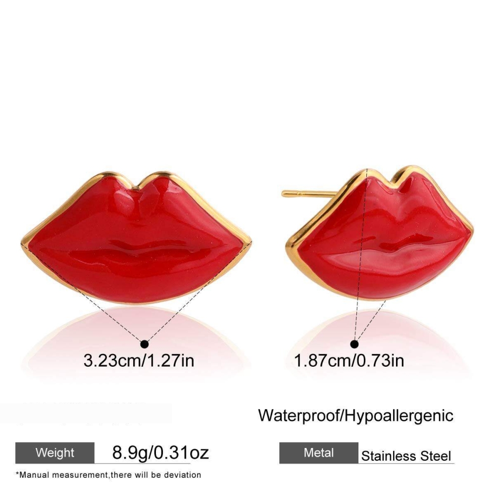 Boucles D'Oreilles Puces Pour Femme, En Acier Inoxydable Doré, En Forme De Lèvres Rouges (1 Paire). Image2