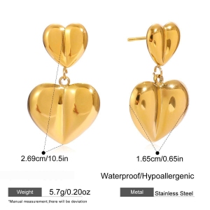 Boucles D'Oreilles Pendantes Romantiques En Forme De Cœur, En Acier Inoxydable Étanche, Couleur Or, Pour Femme (1 Paire). h5 Image2