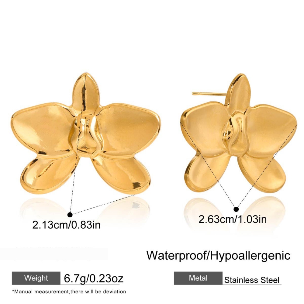 1 Paire De Boucles D'Oreilles Puces Luxueuses Pour Femmes, En Acier Inoxydable Étanche Couleur Or, Motif Phalaenopsis. Image2
