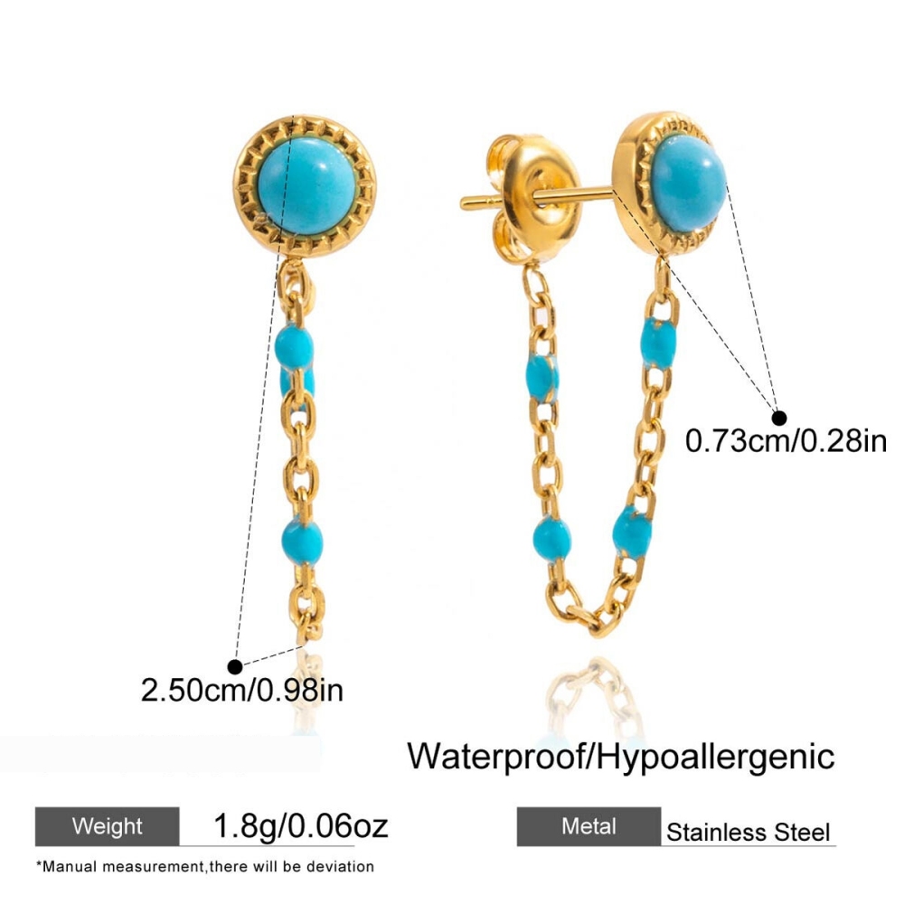 Boucles D'Oreilles Puces Classiques Pour Femme, En Acier Inoxydable, Couleur Or, Avec Chaîne En Calaïte (1 Paire). Image2
