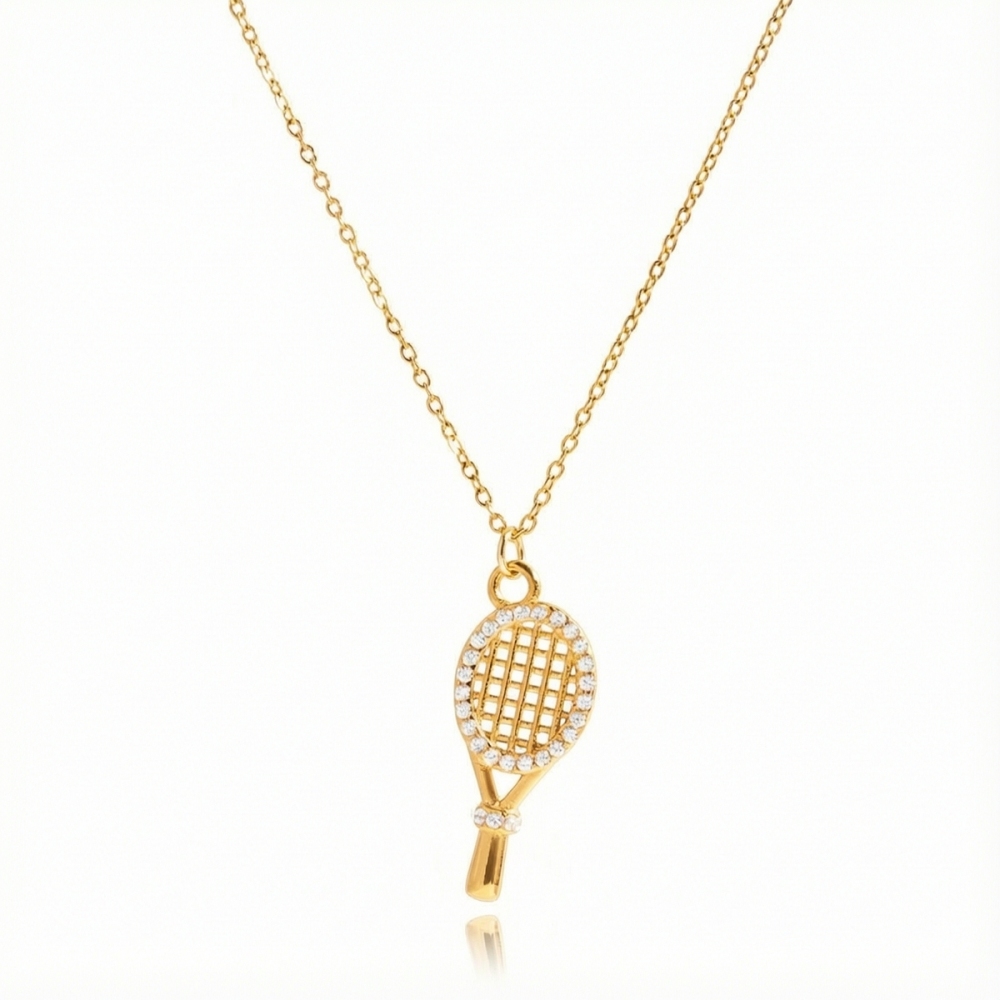 Collier Pendentif Femme En Forme De Raquette De Tennis, En Acier Inoxydable Imperméable, Couleur Or Et Zircon. 
