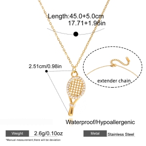 Collier Pendentif Femme En Forme De Raquette De Tennis, En Acier Inoxydable Imperméable, Couleur Or Et Zircon. h5 Image2
