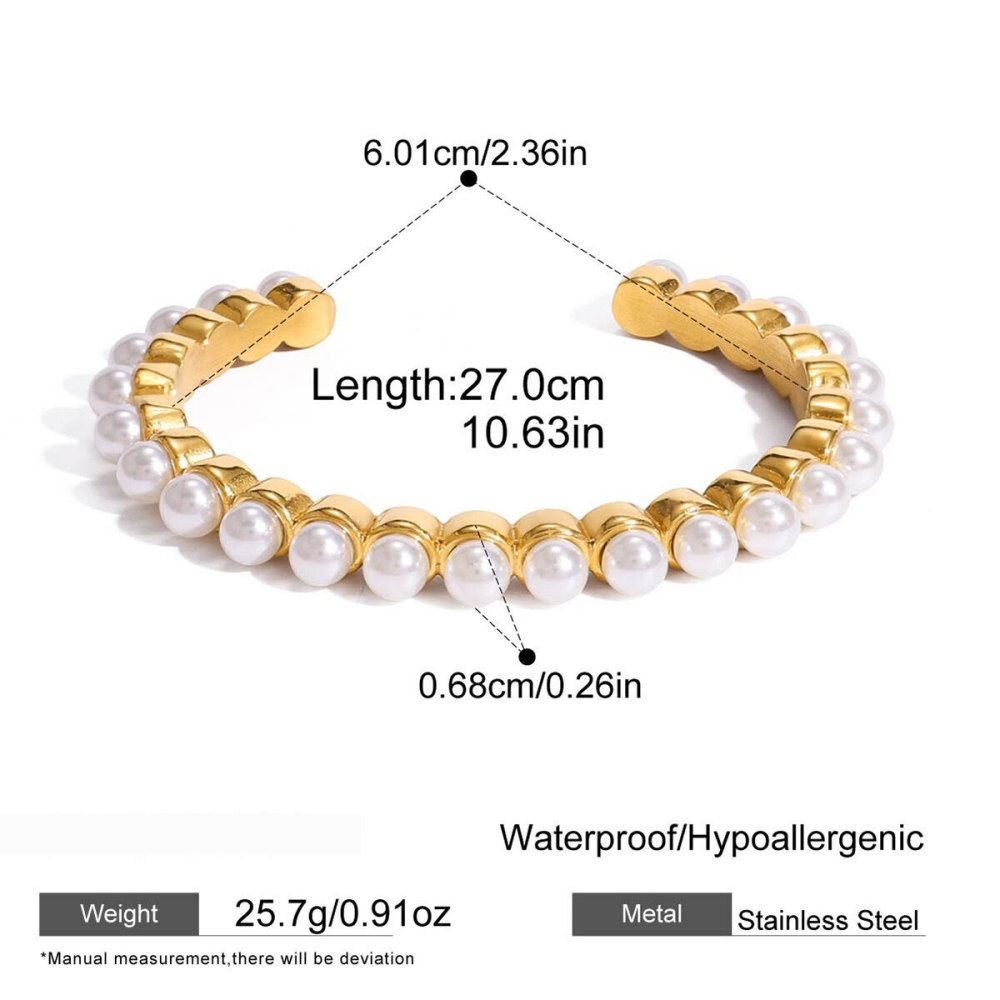 Bracelet Classique Pour Femme, En Acier Inoxydable, Couleur Or, Orné De Perles (1 Pièce) Image2