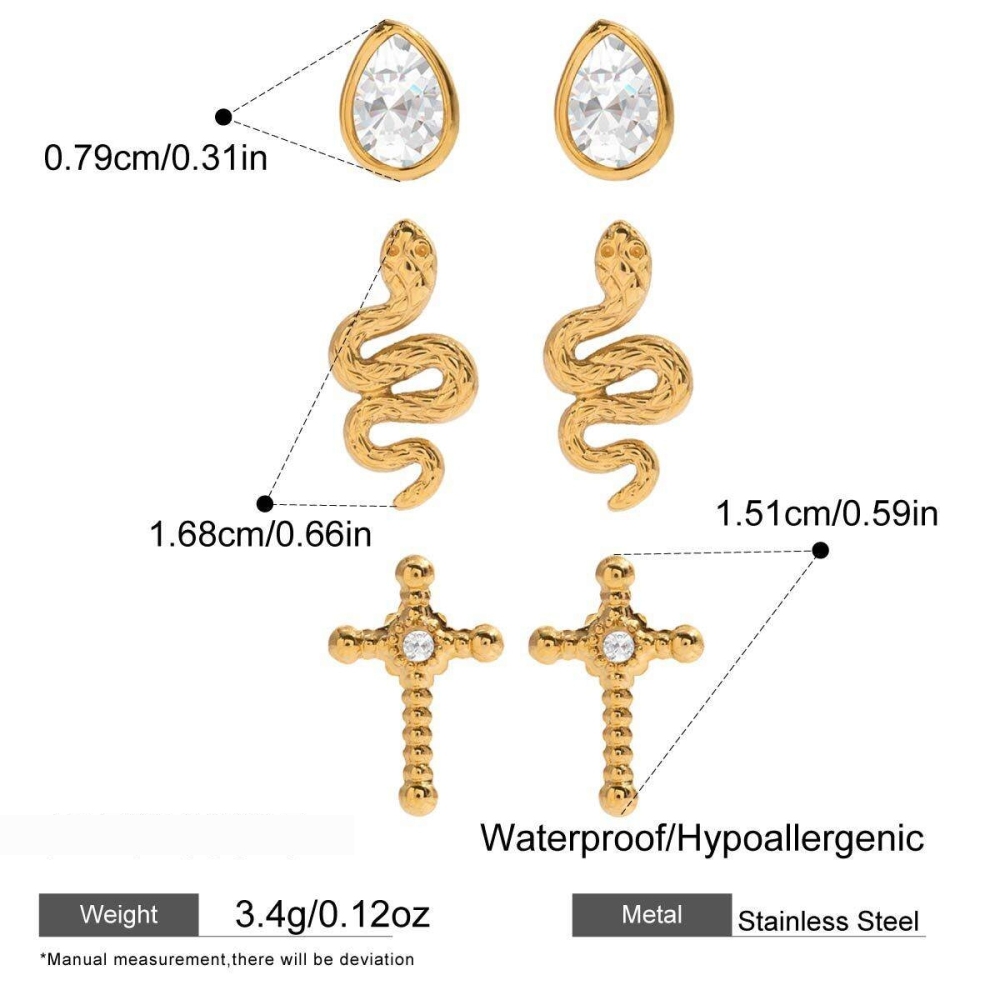 1 Ensemble De Boucles D'Oreilles De Luxe Pour Femme, En Acier Inoxydable Doré, Motif Serpent, Étanches. Image2