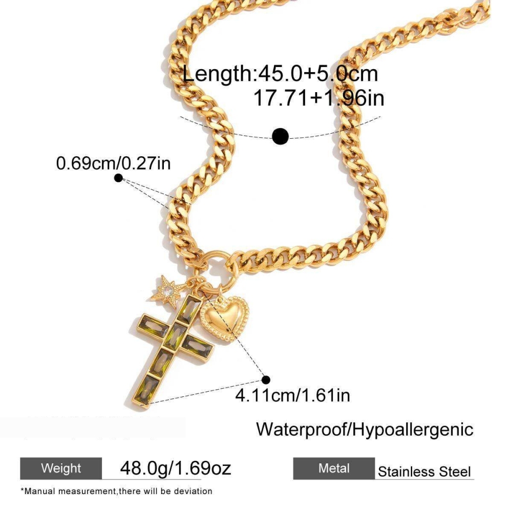 Collier Pendentif Femme Luxueux En Forme De Croix, Orné D'Un Zircon Vert Et D'Une Armature En Acier Inoxydable Étanche Couleur Or (1 Pièce) Image2