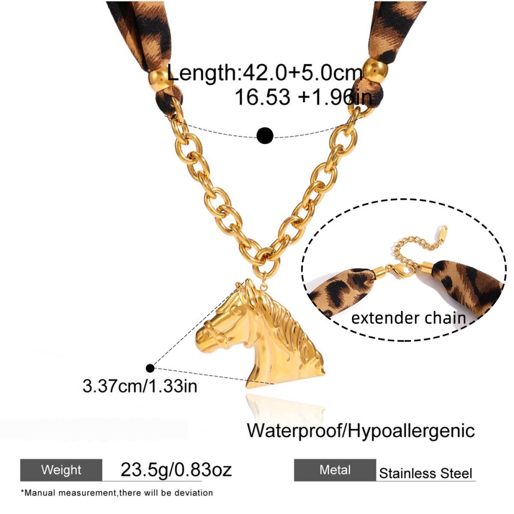 Collier Pendentif Femme Luxueux En Acier Inoxydable Doré, Imprimé Léopard Et Cheval (1 Pièce) Image2