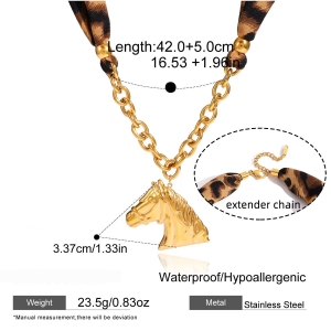 Collier Pendentif Femme Luxueux En Acier Inoxydable Doré, Imprimé Léopard Et Cheval (1 Pièce) h5 Image2