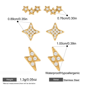 1 Paire De Boucles D'Oreilles Classiques En Acier Inoxydable Doré Avec Zircon, Étanches Et En Forme D'Étoile. h5 Image2