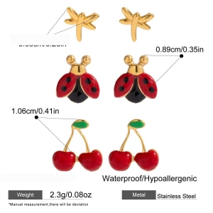 1 Paire De Boucles D'Oreilles Pour Femme En Acier Inoxydable Doré, Couleur Cerise Vive h5 Image2