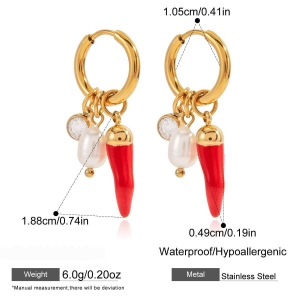 1 Paire De Boucles D'Oreilles Pendantes Classiques Pour Femmes, En Acier Inoxydable Rouge Piment, Étanches Et Couleur Or. h5 Image2