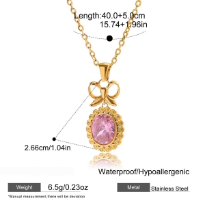 Collier Pendentif Classique Rond En Zircon Rose, Acier Inoxydable Étanche, Couleur Or, Pour Femme (1 Pièce) h5 Image2