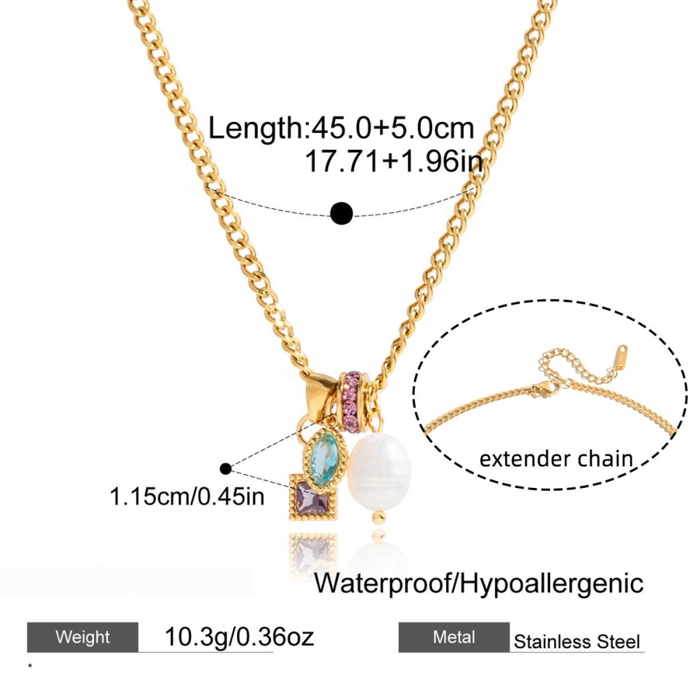 Collier Pendentif Femme En Acier Inoxydable Polychrome Rectangulaire, Étanche, Couleur Or, Avec Zircon (1 Pièce) Image2