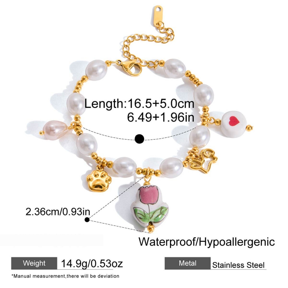 Bracelet À Breloques Fantaisie Tulipe En Acier Inoxydable Étanche Couleur Or Pour Femme (1 Pièce) h5Image2