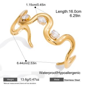 Bracelet Manchette Luxueux Pour Femme, En Acier Inoxydable Doré, Étanche, Avec Zircon, Forme Incurvée (1 Pièce). h5 Image2