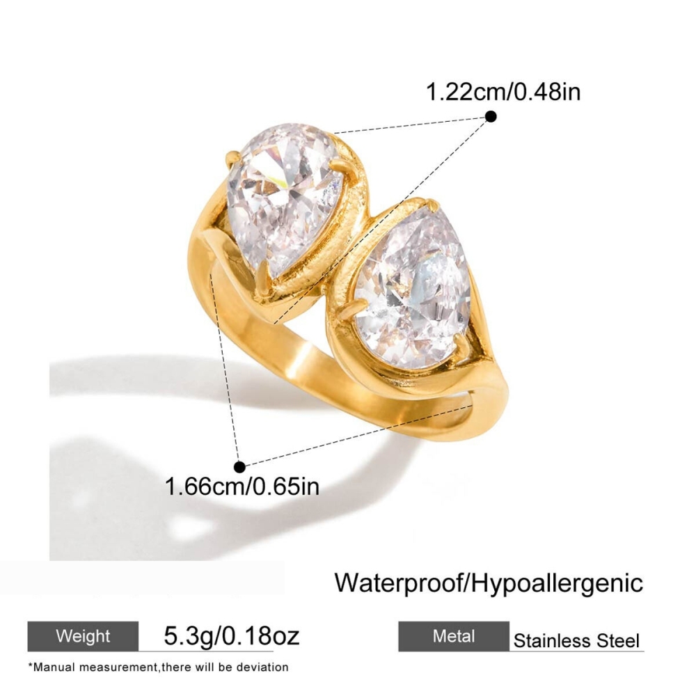 Bague Pour Femme En Acier Inoxydable Doré, Étanche, Ornée D'Un Zircon Et D'Une Goutte Brillante (1 Pièce). Image2