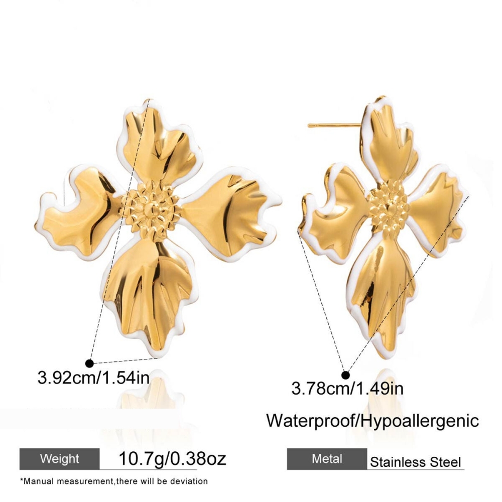 Boucles D'Oreilles Puces Pour Femme, En Acier Inoxydable Doré, Imperméables, Motif Floral Irrégulier (1 Paire). Image2