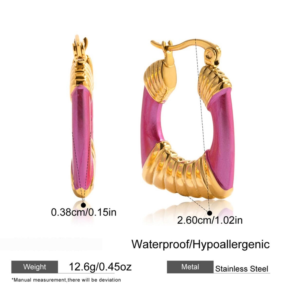 1 Paire De Boucles D'Oreilles Créoles Rectangulaires Rose Éclatant En Acier Inoxydable Étanche Couleur Or Pour Femme Image2