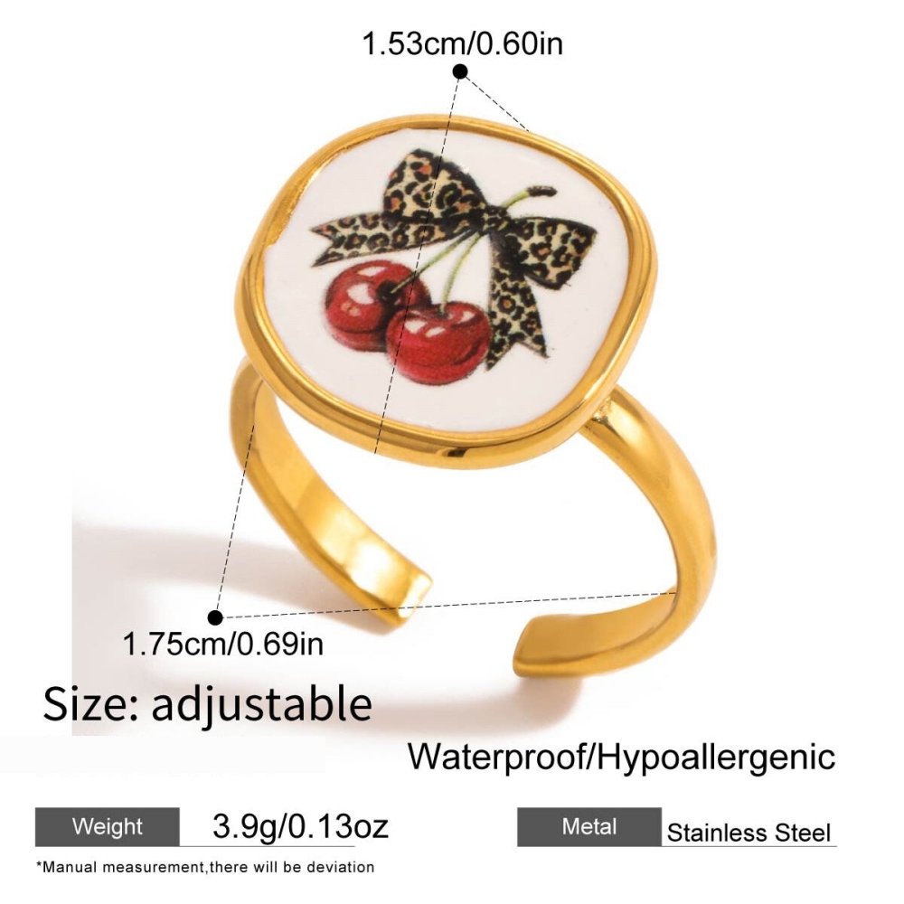 Bague Statement En Acier Inoxydable Doré, Imprimé Léopard Et Cerise Douce (1 Pièce) Image2