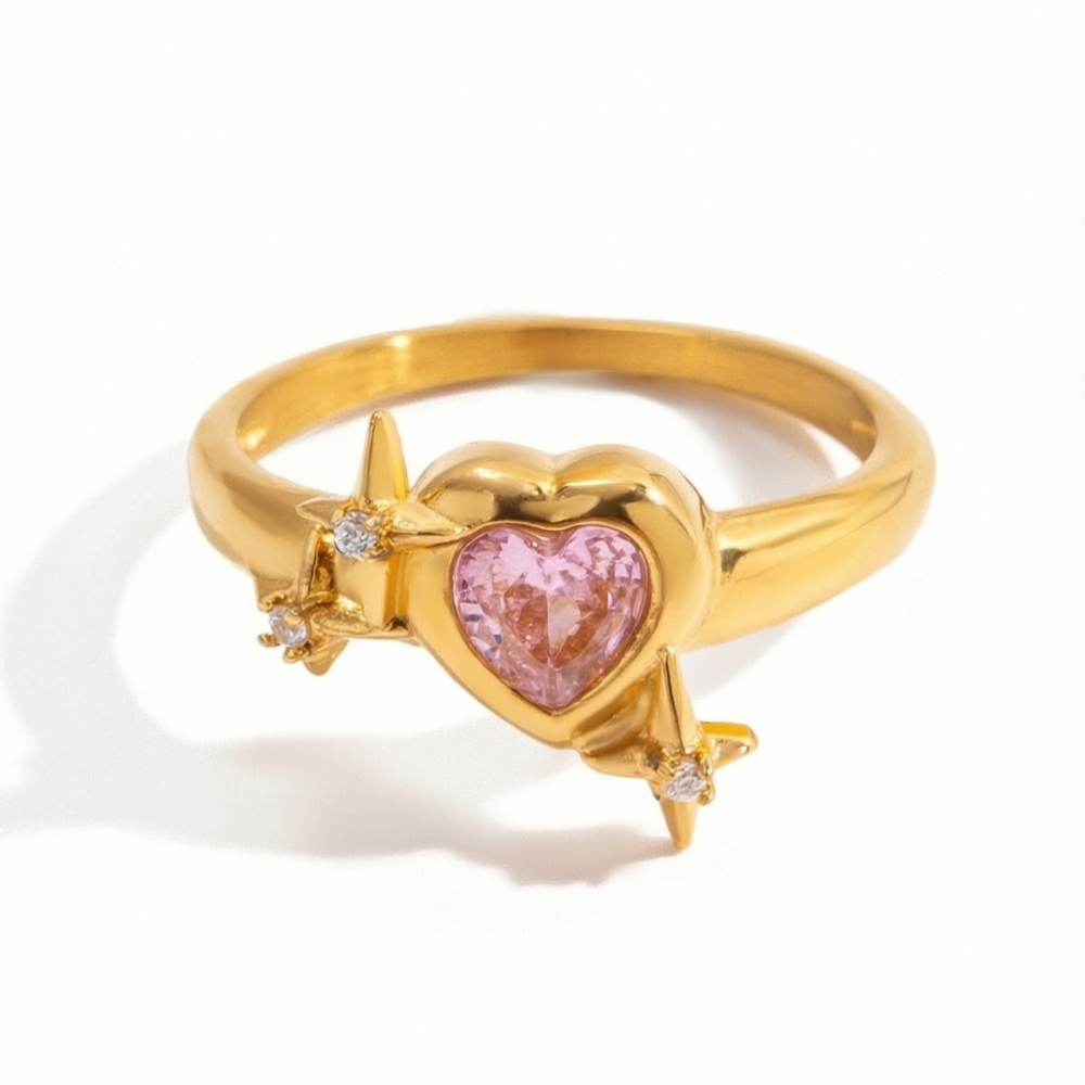Bague Pour Femme En Acier Inoxydable Rose Glamour En Forme De Cœur, Étanche, Couleur Or Et Zircon. 
