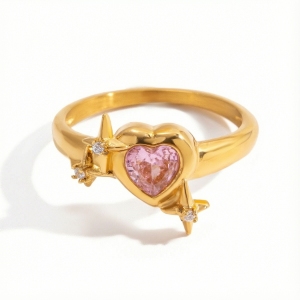 Bague Pour Femme En Acier Inoxydable Rose Glamour En Forme De Cœur, Étanche, Couleur Or Et Zircon. h5 