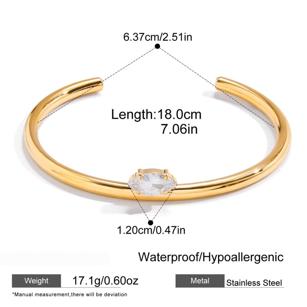 Bracelet Manchette Pour Femme En Acier Inoxydable Doré, Étanche, Orné De Zircon (1 Pièce), Finition Brillante Et Incurvée. Image2