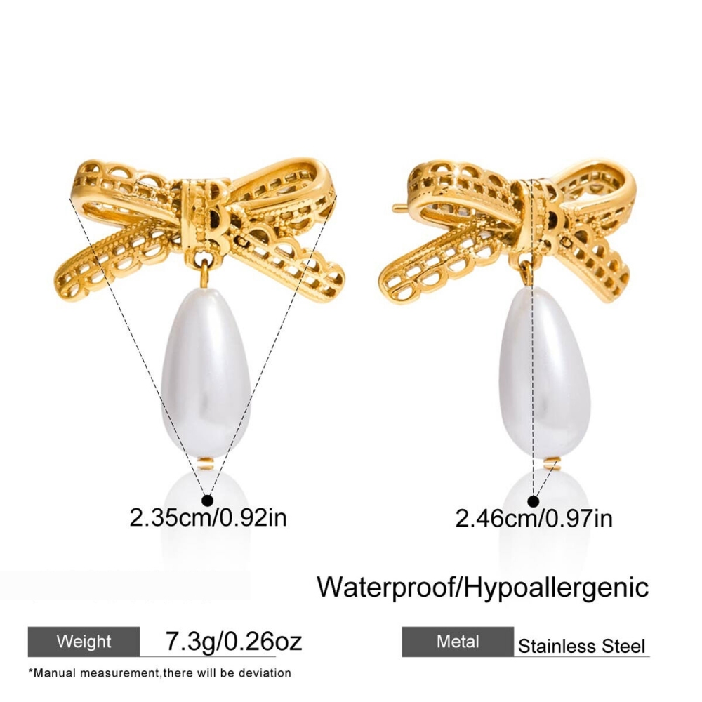 Boucles D'Oreilles Pendantes Romantiques En Acier Inoxydable Doré, Avec Nœud Papillon, Pour Femme (1 Paire). h5Image2