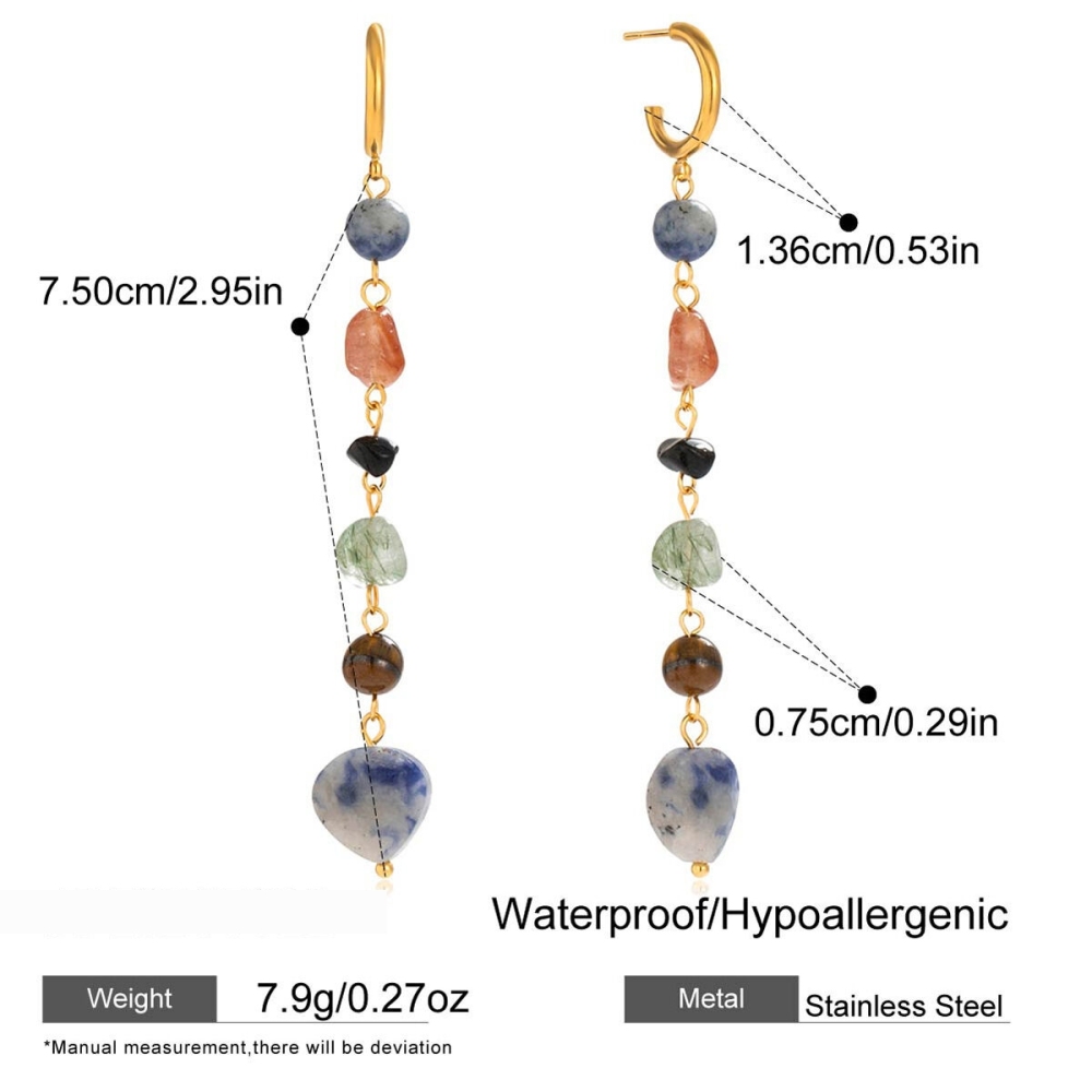 Boucles D'Oreilles Pour Femme, Perles En Pierre Naturelle De Forme Irrégulière, Acier Inoxydable, Étanches (1 Pièce) Image2