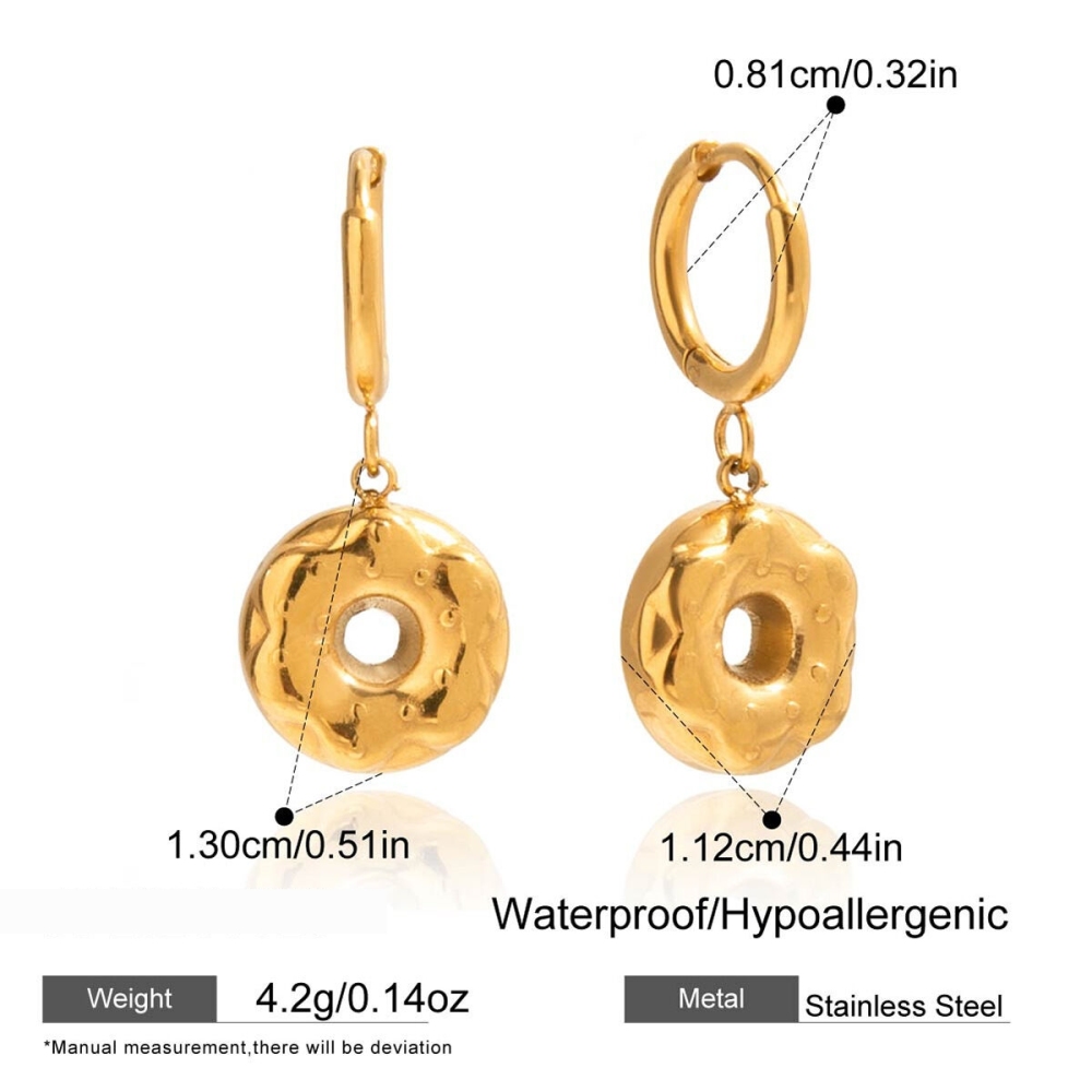 Boucles D'Oreilles Pendantes Pour Femme, En Acier Inoxydable Doré, Imperméables, En Forme De Donut Romantique (1 Paire). Image2