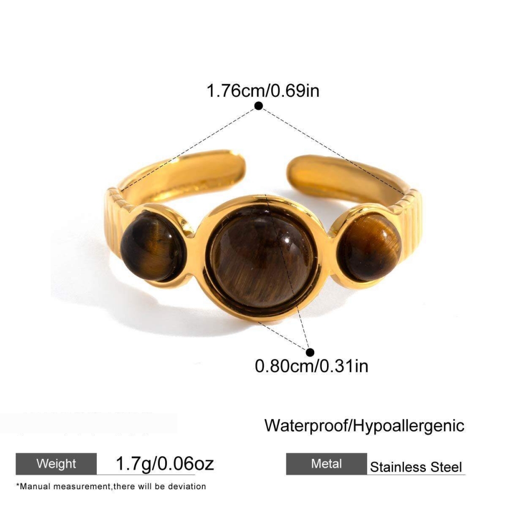 Bague Rétro Ronde En Acier Inoxydable Étanche Couleur Or Avec Pierre Naturelle Pour Femme (1 Pièce) Image2