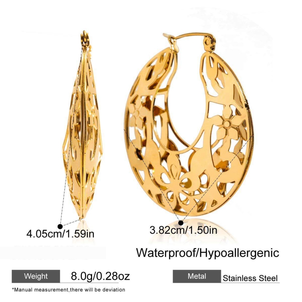 1 Paire De Boucles D'Oreilles Créoles Élégantes Pour Femmes, En Acier Inoxydable Ajouré, Couleur Or, Imperméables, Avec Motif Floral. h5Image2
