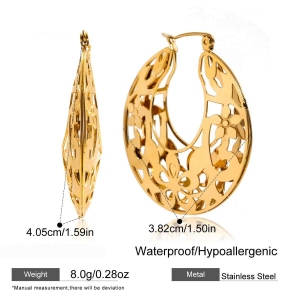 1 Paire De Boucles D'Oreilles Créoles Élégantes Pour Femmes, En Acier Inoxydable Ajouré, Couleur Or, Imperméables, Avec Motif Floral. h5 Image2