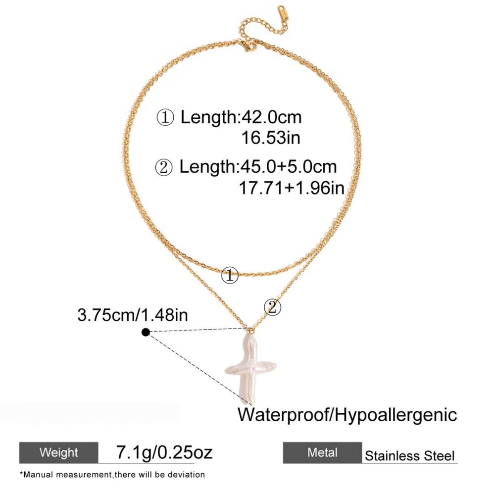 Collier Pendentif Élégant En Forme De Croix, En Acier Inoxydable Étanche, Couleur Or, Avec Perle, Pour Femme (1 Pièce) Image2