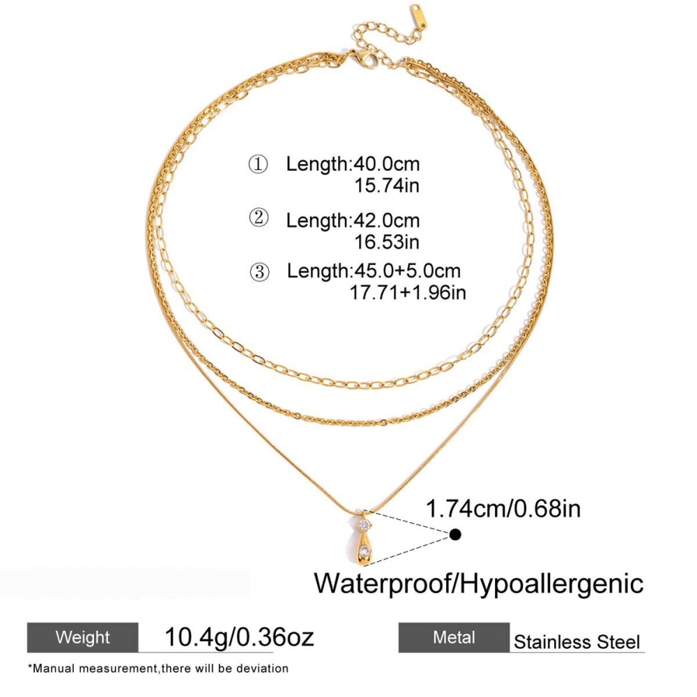 Collier À Plusieurs Rangs Pour Femme, En Acier Inoxydable Doré, Orné D'Un Zircon, Orné D'Une Goutte Classique (1 Pièce) Image2
