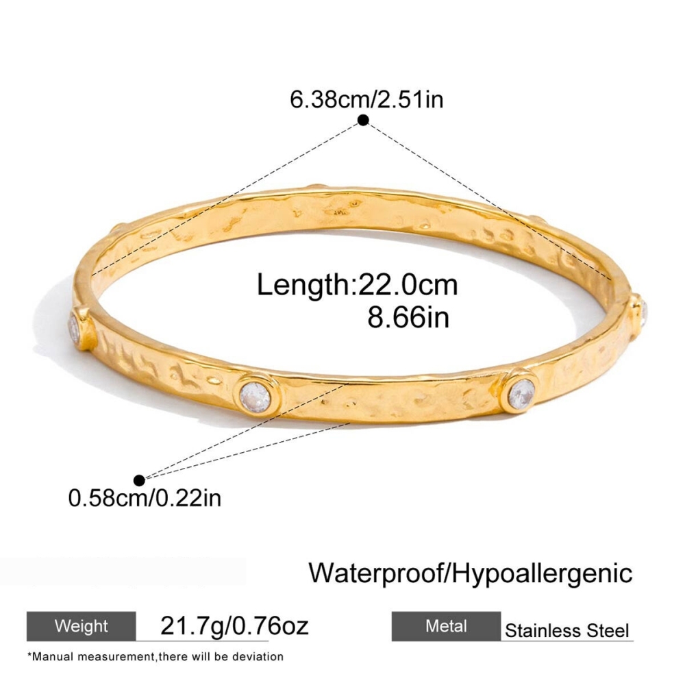 Bracelet Jonc Pour Femme En Acier Inoxydable Doré, Imperméable, Orné De Zircon Et Motif Martelé (1 Pièce) h5Image2