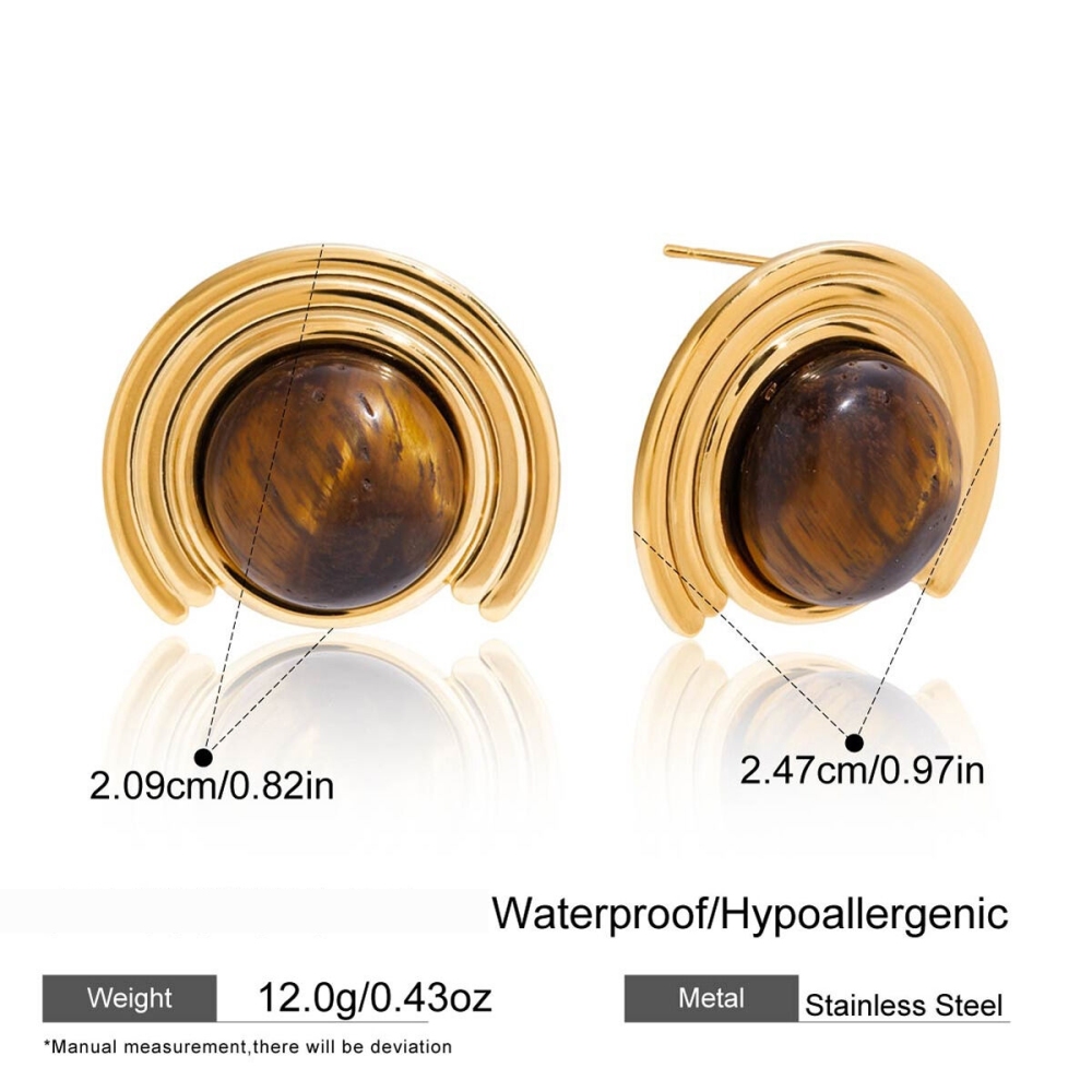 1 Paire De Boucles D'Oreilles Puces Classiques Ornées De Pierres Naturelles, En Acier Inoxydable Étanche, Couleur Or. Image2