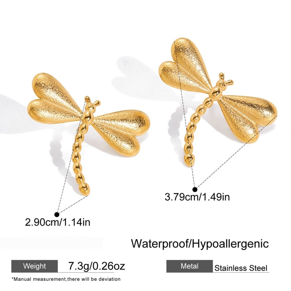 1 Paire De Magnifiques Boucles D'Oreilles Puces Libellule En Acier Inoxydable Étanche Couleur Or Pour Femme Image2