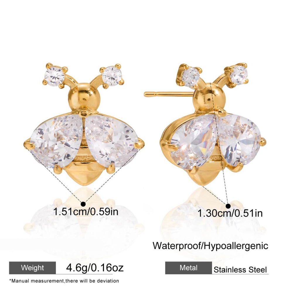 1 Paire De Boucles D'Oreilles Puces Luxueuses Pour Femme, En Acier Inoxydable Doré, Ornées D'Abeilles En Zircon, Étanches. Image2