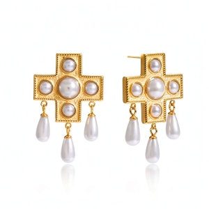 Boucles D'Oreilles Pendantes Pour Femme, En Acier Inoxydable Doré, Imperméables, Avec Pendentif Croix Et Goutte D'Eau (1 Paire). h5 