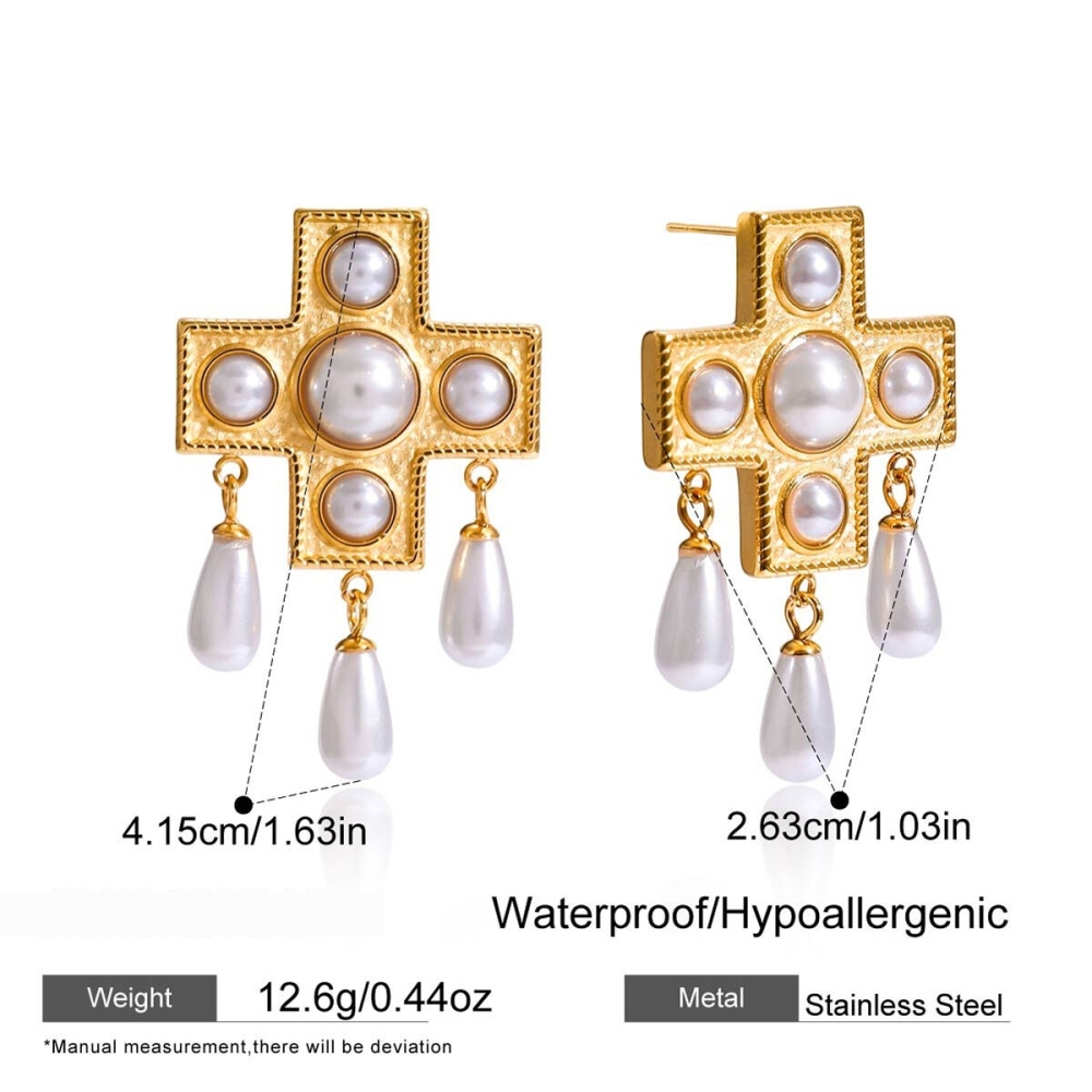 Boucles D'Oreilles Pendantes Pour Femme, En Acier Inoxydable Doré, Imperméables, Avec Pendentif Croix Et Goutte D'Eau (1 Paire). Image2