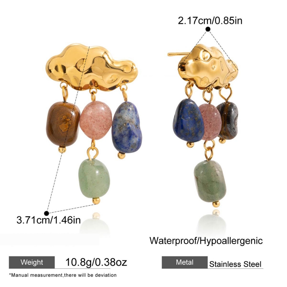 Boucles D'Oreilles Pendantes Pour Femme, En Acier Inoxydable Doré, Ornées D'Une Pierre Naturelle Et D'Un Motif Nuage. 1 Paire Image2