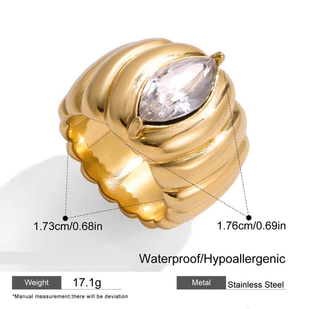 Bague De Luxe En Acier Inoxydable Doré, Étanche, Ornée D'Une Bande De Perles (1 Pièce). h5Image2