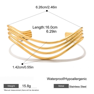 Bracelet Manchette Classique Ondulé En Acier Inoxydable, Couleur Or, Pour Femme (1 Pièce). h5 Image2