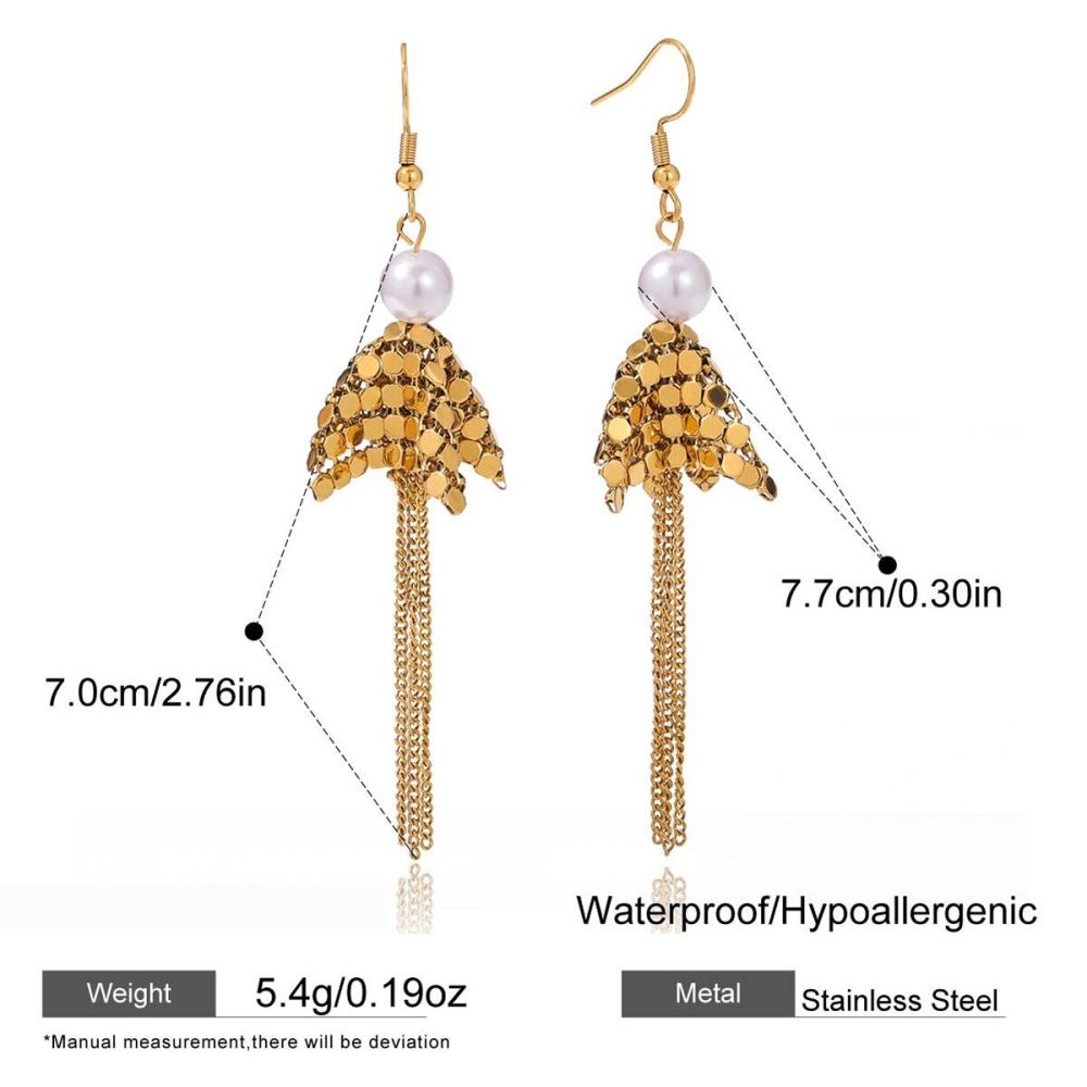 Boucles D'Oreilles Pendantes Luxueuses Pour Femme, En Acier Inoxydable Doré, Imperméables, Avec Pompon Et Zircon, Ornées De Zircon. 1 Paire Image2